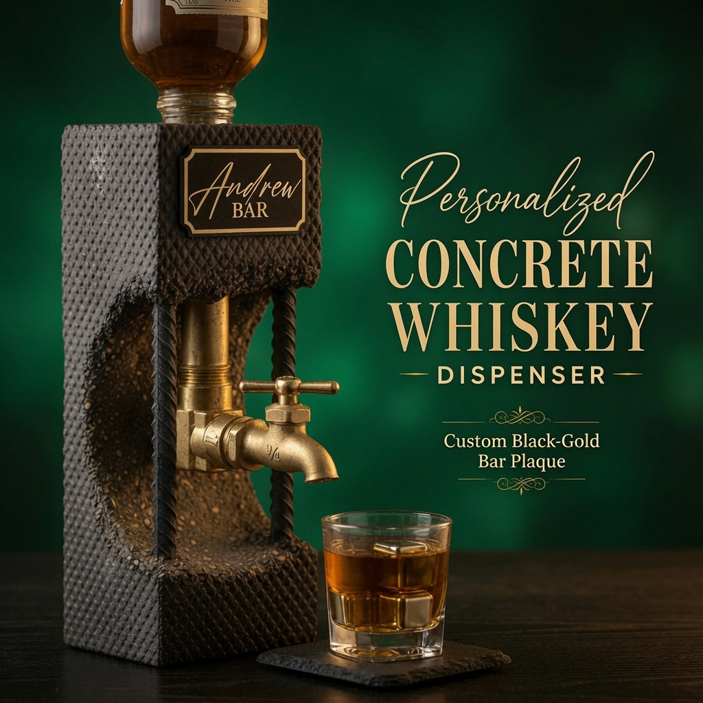 Personalized concrete whiskey dispenser with custom black gold bar plaque, brass faucet, and slate coaster for home bar gift