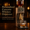 Personalized concrete whiskey dispenser with custom black and gold engraved bar plaque, brass faucet, and slate coaster