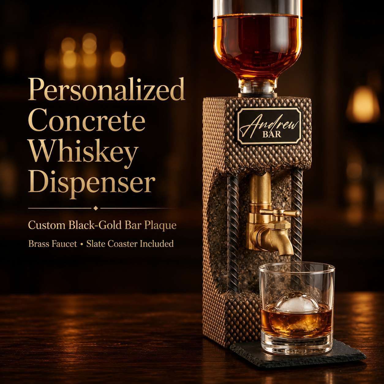Personalized concrete whiskey dispenser with custom black and gold engraved bar plaque, brass faucet, and slate coaster