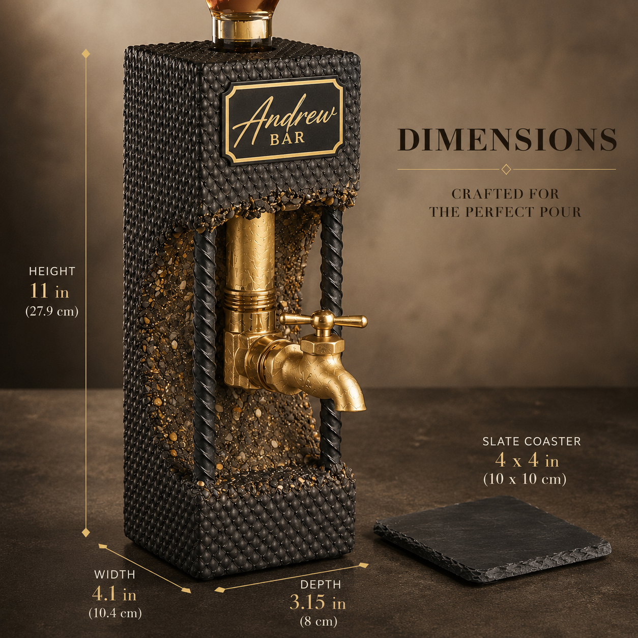 Size guide for personalized concrete whiskey dispenser with brass faucet and square slate coaster