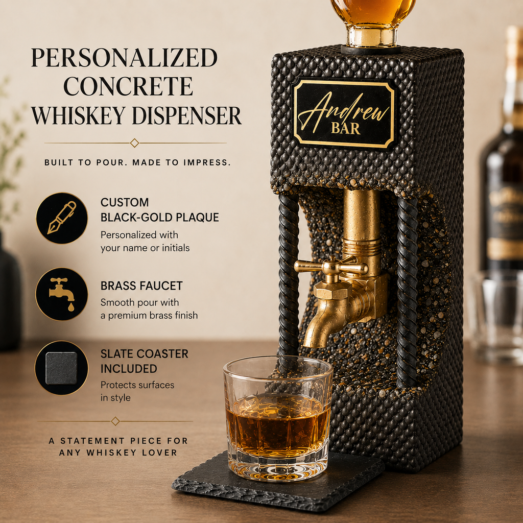 Feature infographic for personalized concrete whiskey dispenser with custom plaque, brass faucet, and handcrafted concrete texture