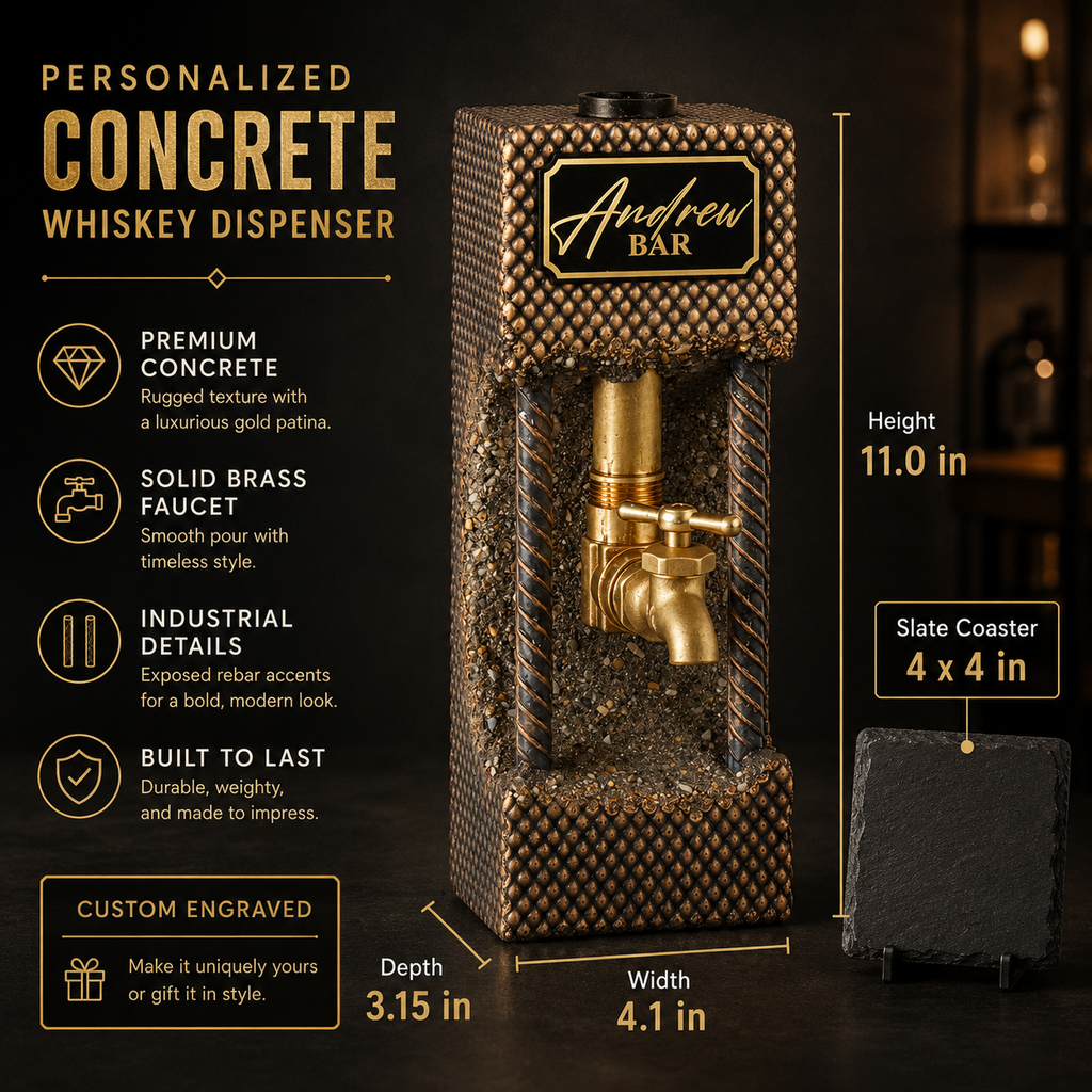 Dimensions infographic for personalized concrete whiskey dispenser with slate coaster included