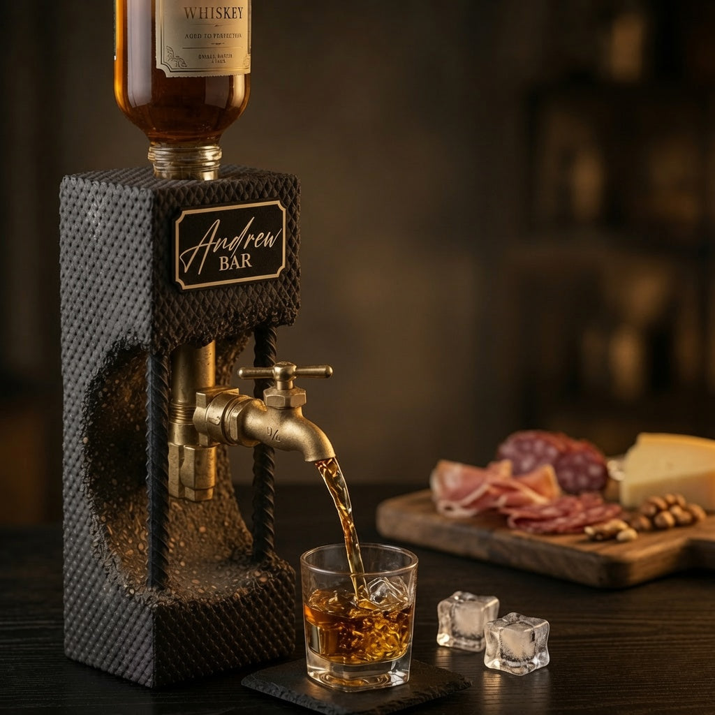 Personalized concrete whiskey dispenser with custom black gold bar plaque and brass faucet pouring whiskey in a home bar setting