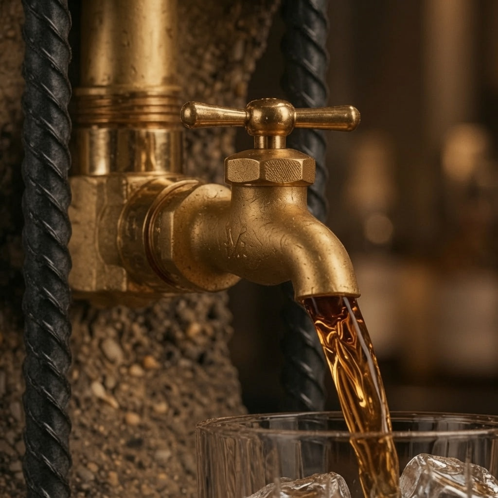 Personalized concrete whiskey dispenser with brass faucet pouring whiskey into a glass on a slate coaster