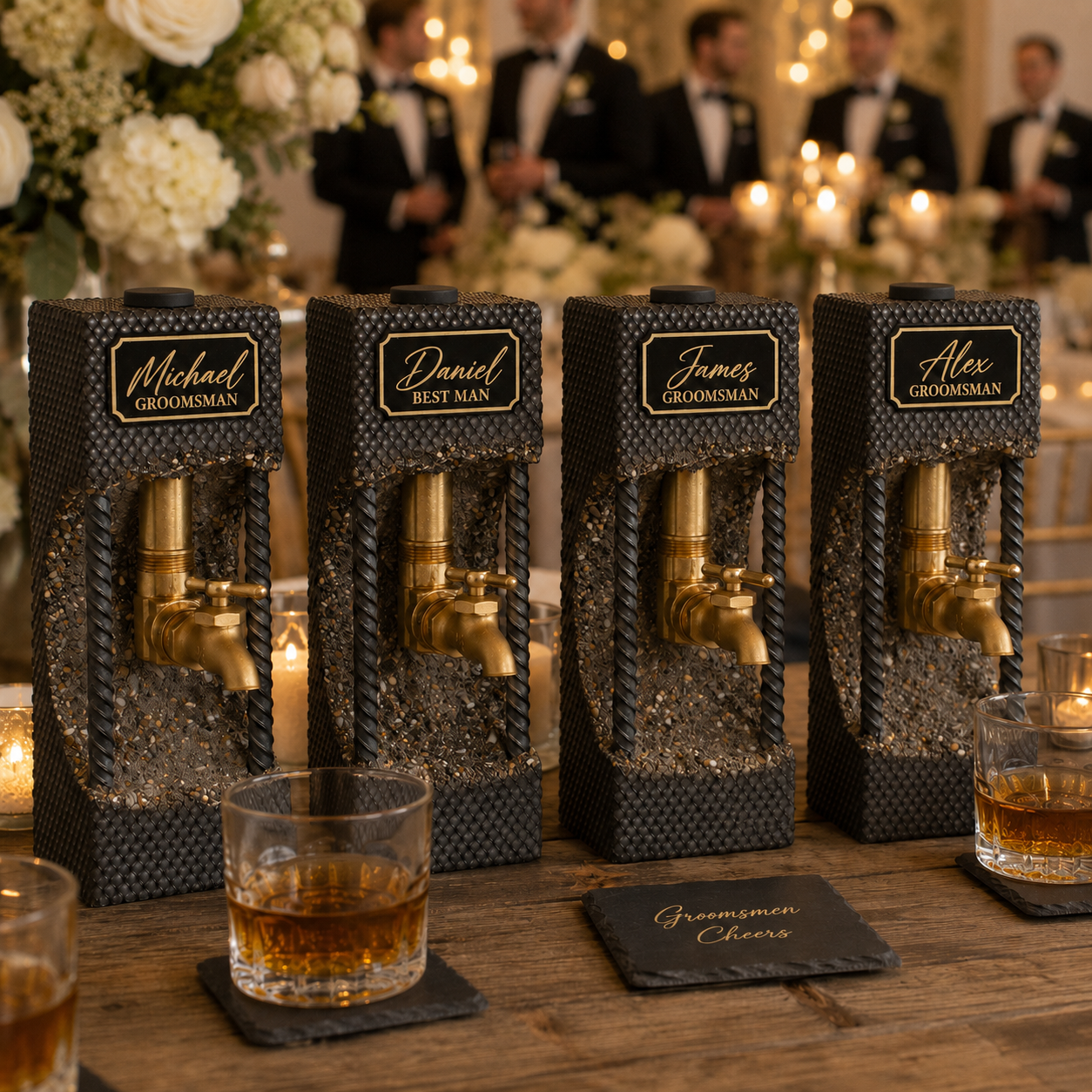 Multiple personalized concrete whiskey dispensers with custom black gold plaques for corporate gifts, groomsmen gifts, and bar decor