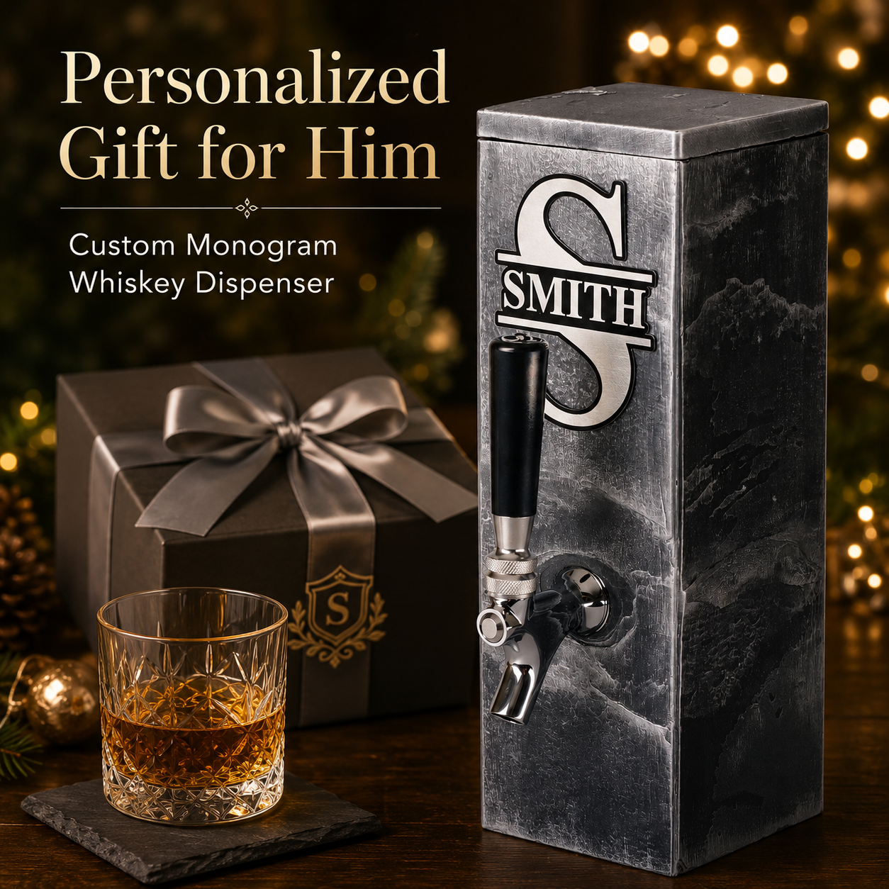Personalized silver slate whiskey dispenser gift for him with custom monogram and whiskey glass.
