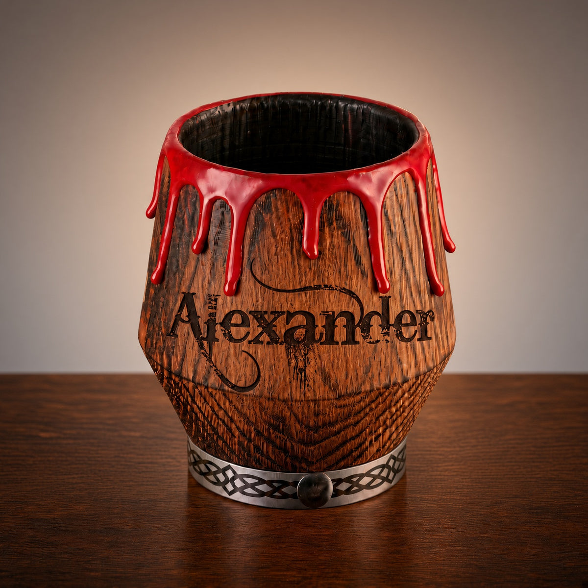 Personalized gothic oak whiskey glass with Alexander engraving, red drip detail and decorative metal base