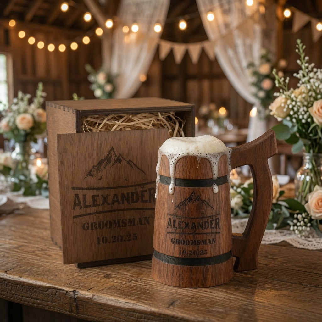 Personalized oak beer mug gift set displayed on a rustic wedding table with warm lights and floral decor.