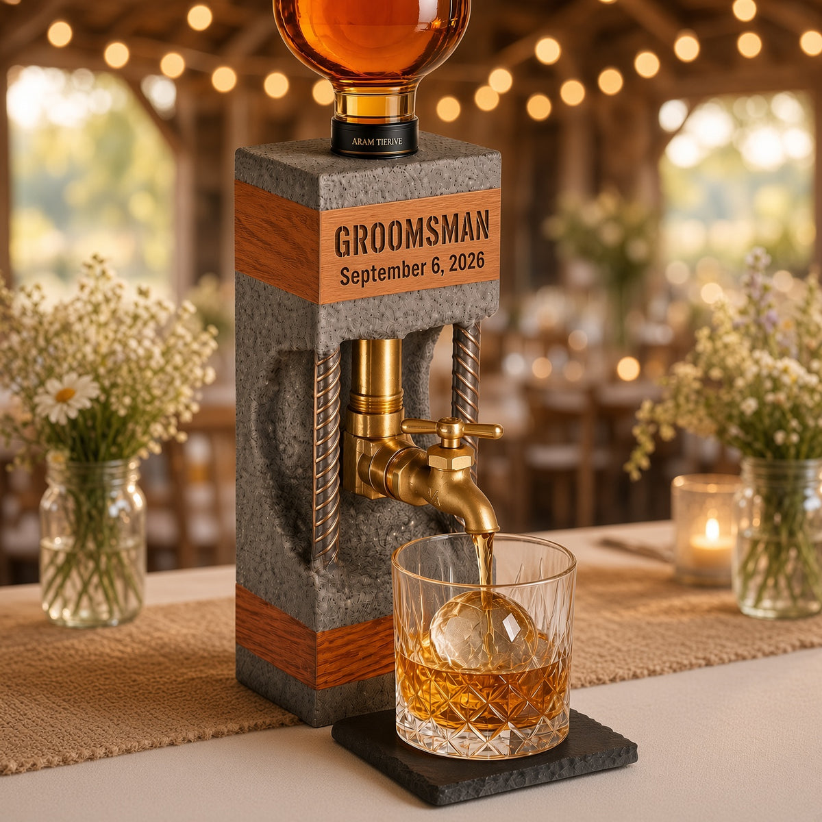 Personalized concrete and oak whiskey dispenser styled as a custom groomsman gift