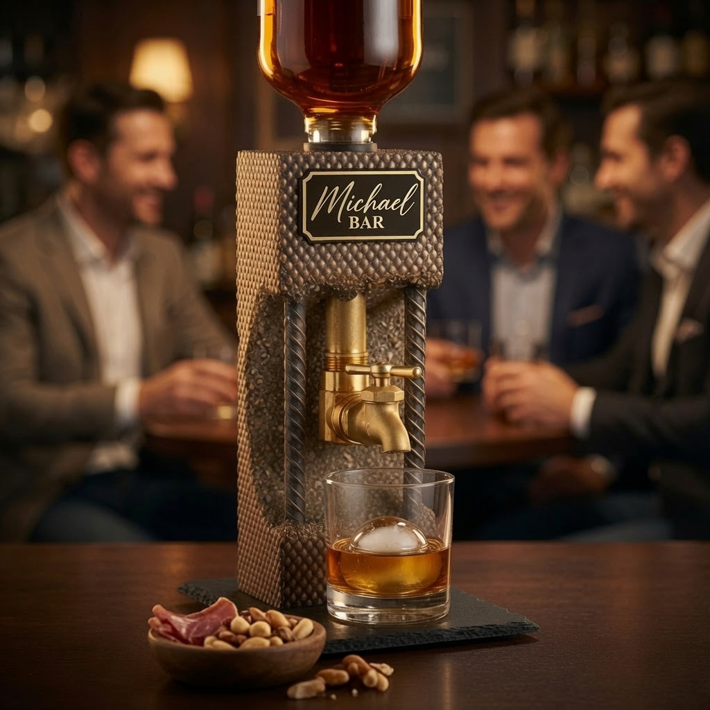 Personalized whiskey dispenser used as a home bar gift during a whiskey night with friends
