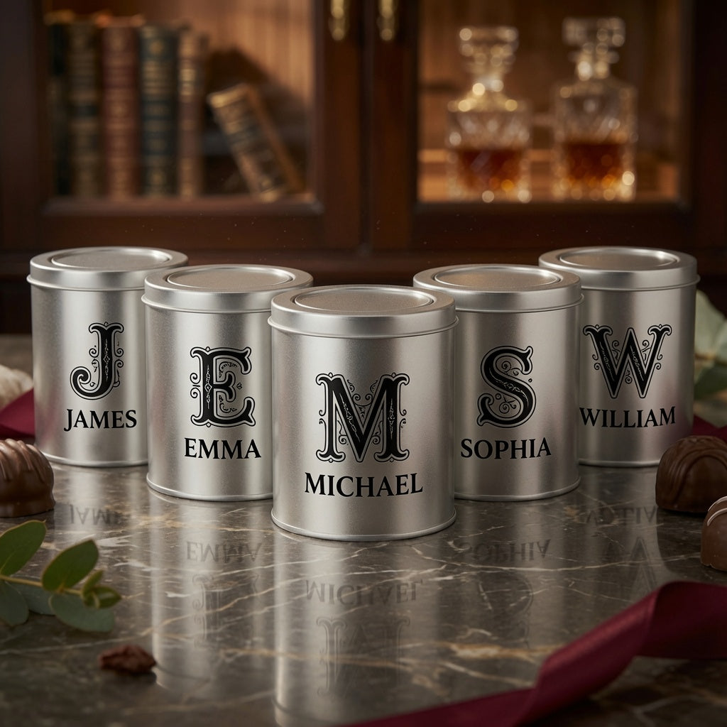 Collection of personalized silver metal gift boxes engraved with different names and monograms