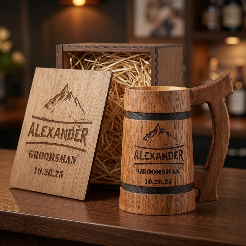 Personalized oak beer mug and engraved wooden gift box with natural straw filler for a groomsman wedding gift.