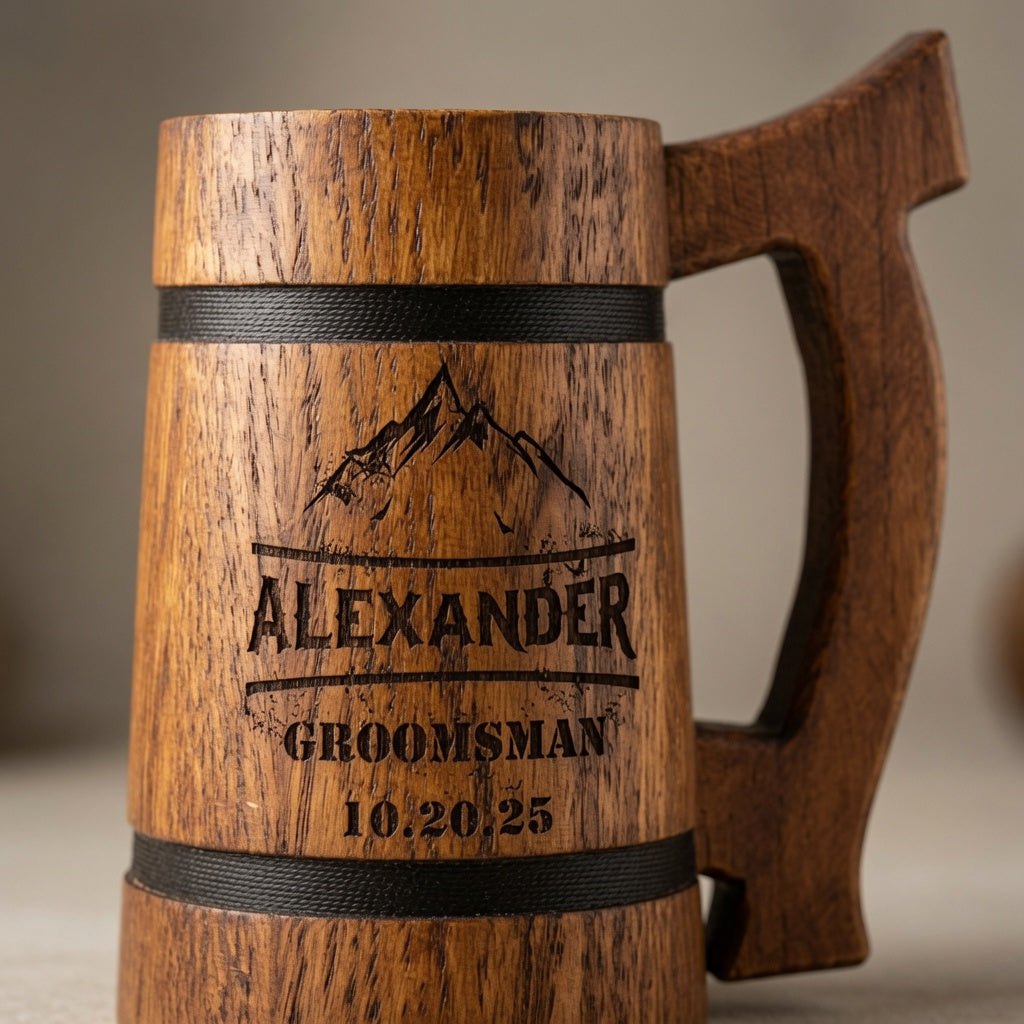 Close-up of a personalized oak beer mug engraved with Alexander, Groomsman, and a wedding date.
