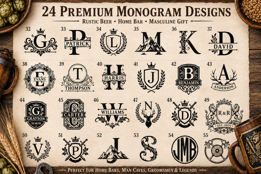 Collection of 24 monogram designs for personalized engraving on an oak beer mug and wooden gift box.