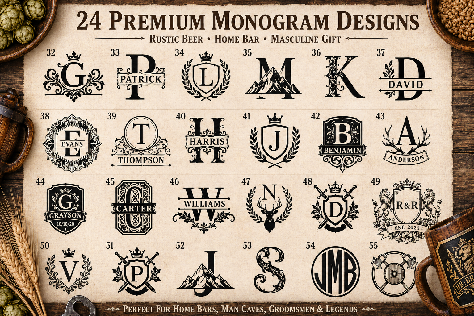 Collection of 24 monogram designs for personalized engraving on an oak beer mug and wooden gift box.