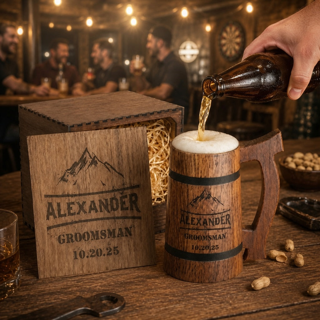 Beer being poured into a personalized oak beer mug beside an engraved wooden gift box with natural straw filler.
