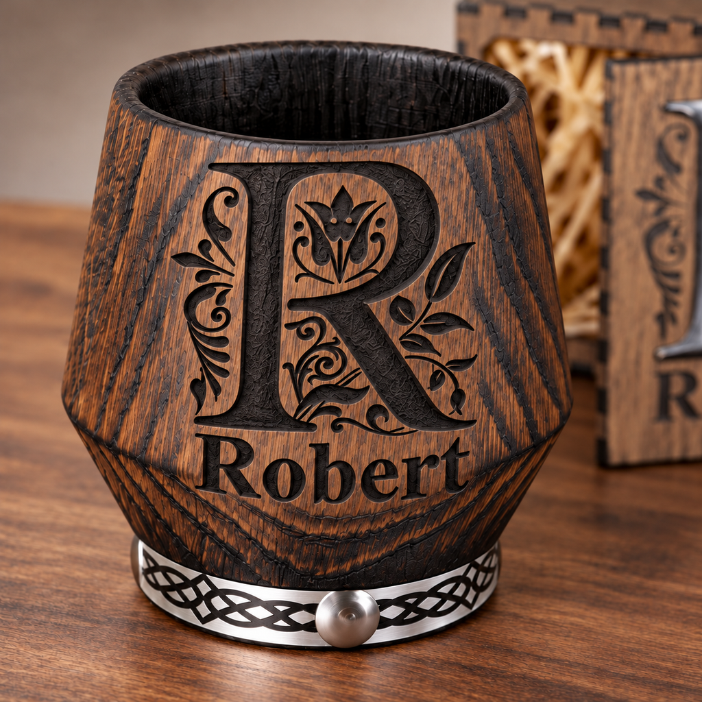 Close-up of a charred oak whiskey tumbler engraved with an ornamental R and Robert, with a silver-toned decorative base ring.