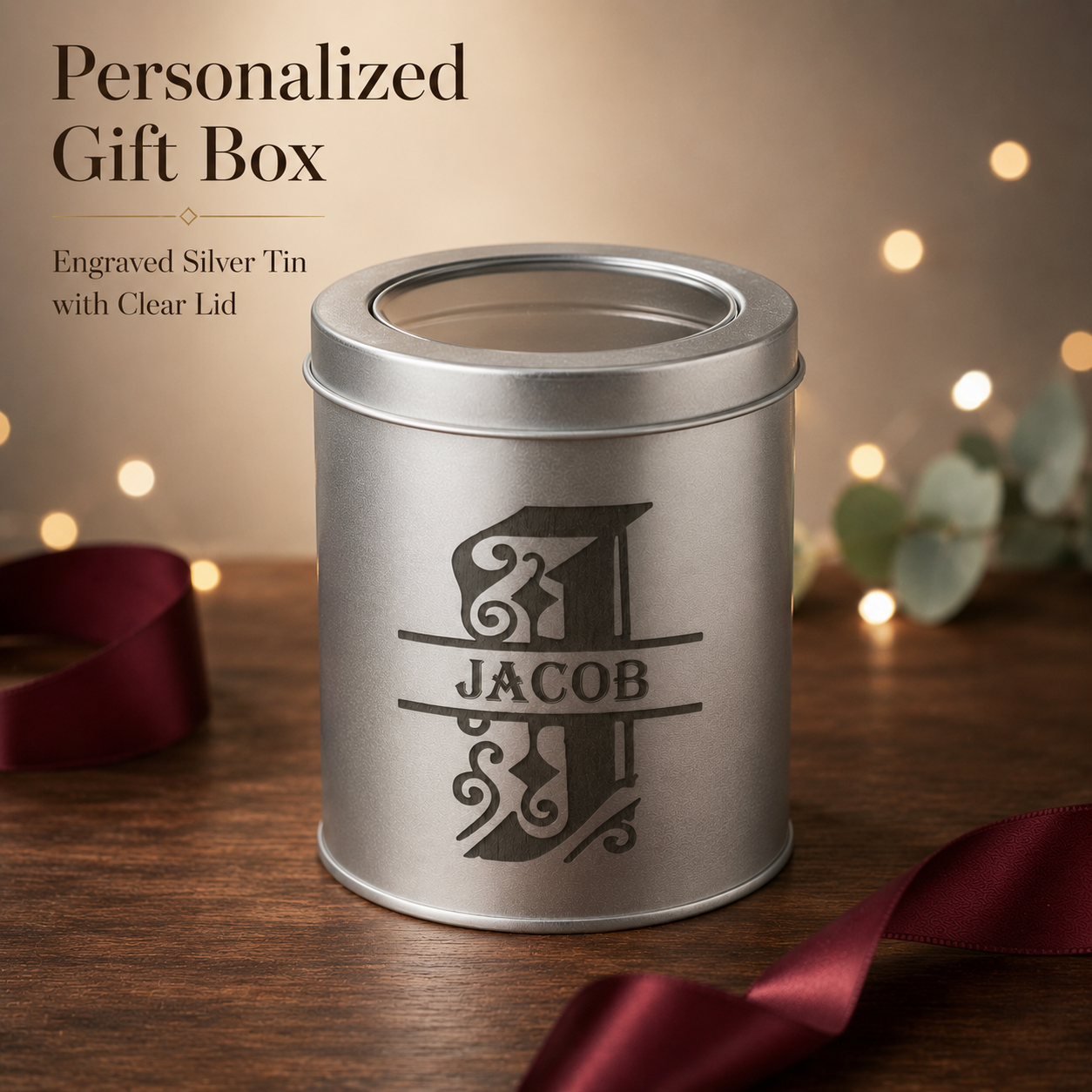 Personalized silver metal gift box with clear window lid and custom Jacob monogram engraving