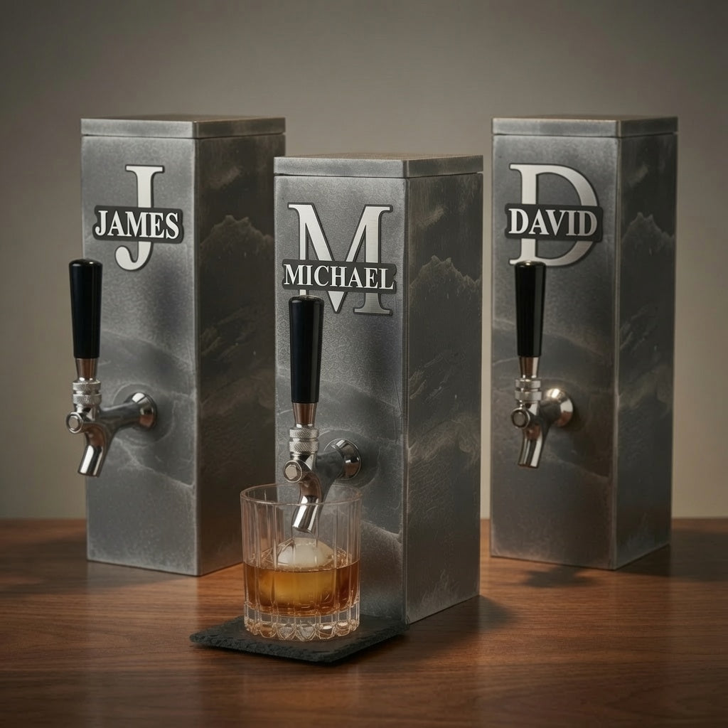 Silver slate whiskey dispenser with different custom monogram plaque design examples.