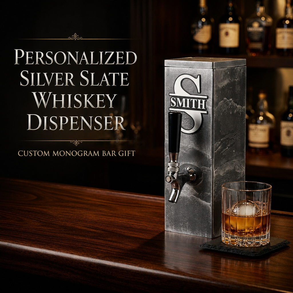 Personalized silver slate whiskey dispenser with custom monogram plaque and glass on home bar.