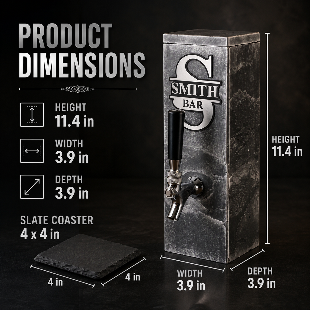 Product dimensions for personalized silver slate whiskey dispenser with matching slate coaster.