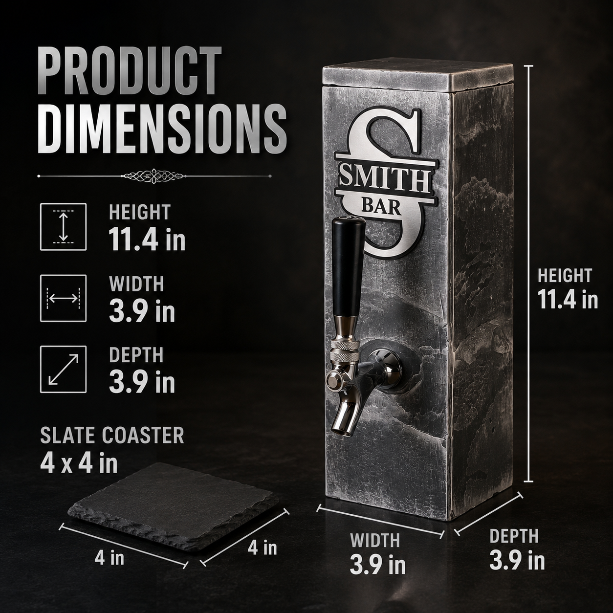 Product dimensions for personalized silver slate whiskey dispenser with matching slate coaster.