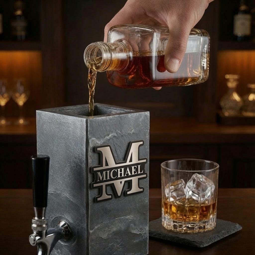 Whiskey being poured into the top opening of personalized silver slate dispenser.