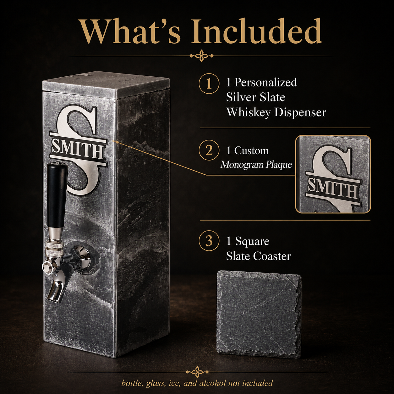 What’s included with personalized silver slate whiskey dispenser and square slate coaster.