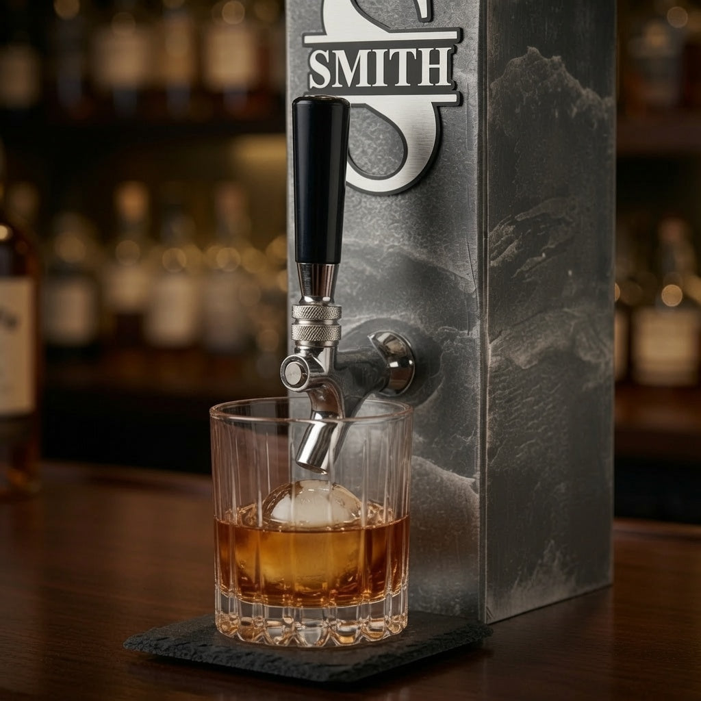 Personalized silver slate whiskey dispenser with glass and custom monogram in home bar setting.