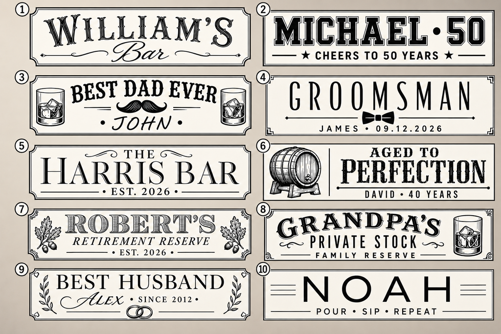 Examples of custom engraving designs for personalized whiskey dispenser oak band