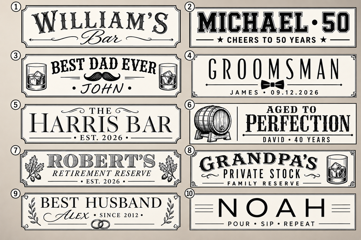 Examples of custom engraving designs for personalized whiskey dispenser oak band