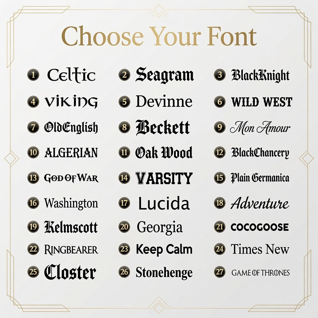 Font options for custom engraved black and gold plaque on personalized whiskey dispenser