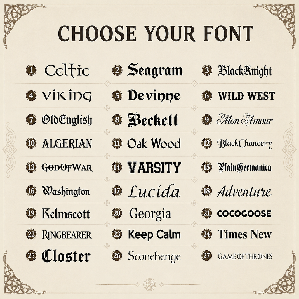 Font options for custom engraving on personalized concrete and oak whiskey dispenser