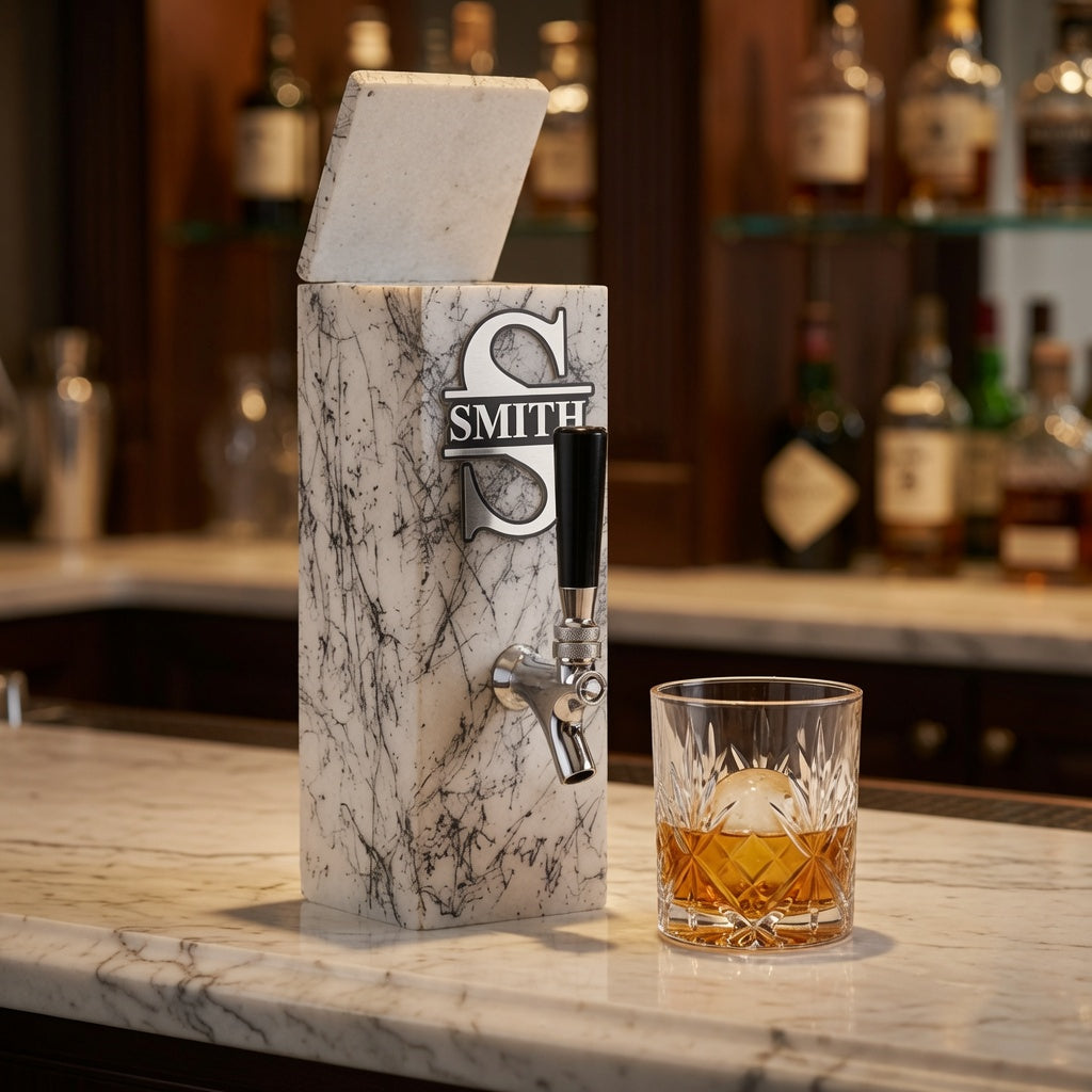 Personalized white marble whiskey dispenser displayed in a stylish home bar with a whiskey glass, made as elegant custom bar decor.