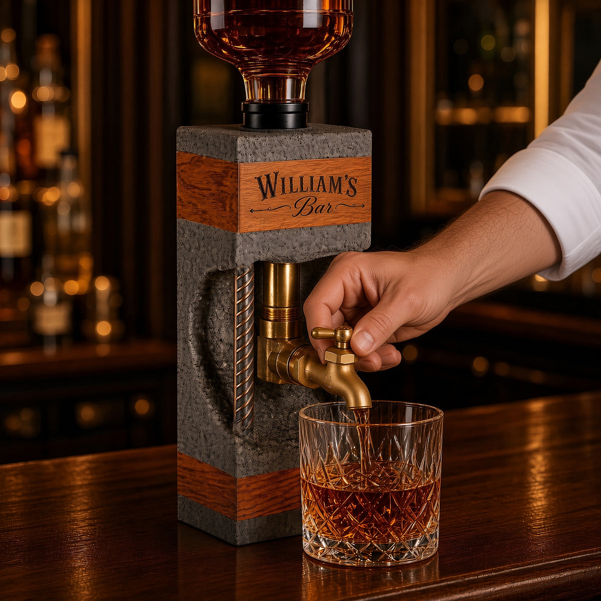 Personalized whiskey dispenser in use with brass tap pouring into a glass at a home bar