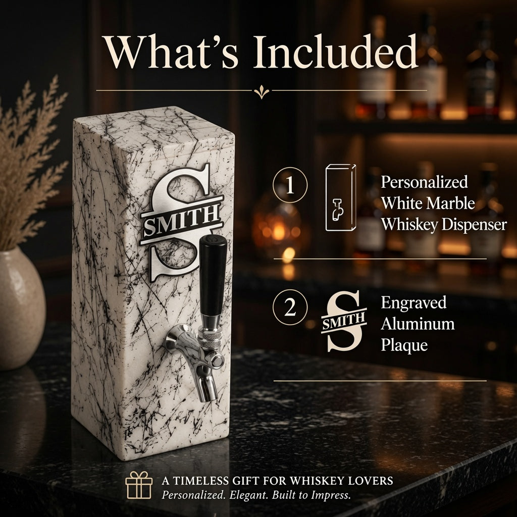 What is included: one personalized white marble whiskey dispenser with engraved aluminum plaque; glass, bottle, and props are not included.