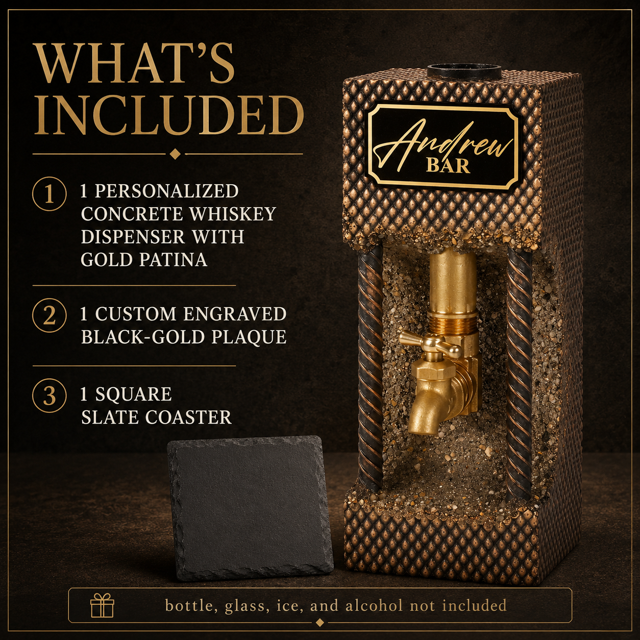 What is included with personalized concrete whiskey dispenser, custom engraved plaque, and slate coaster