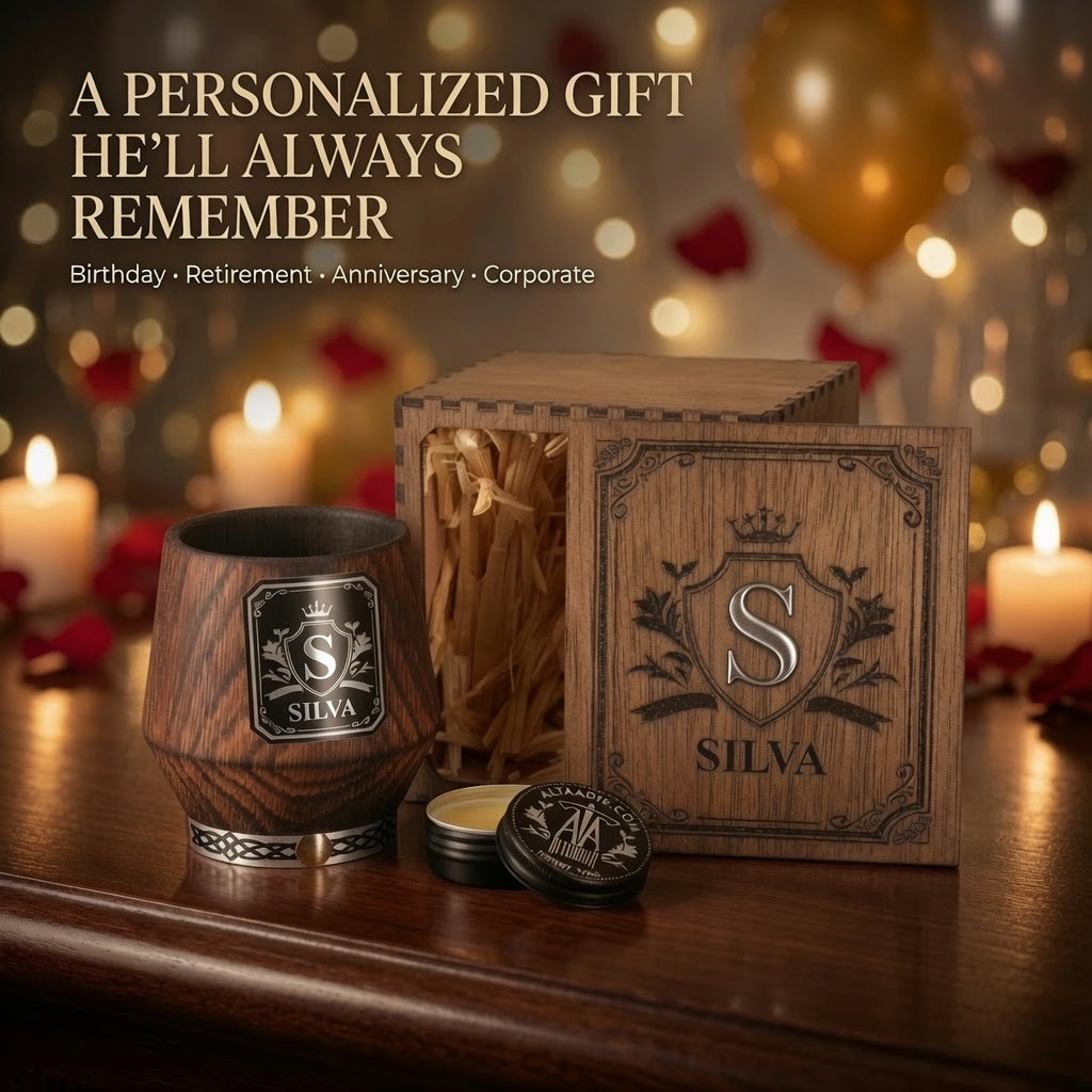 Personalized whiskey glass and wooden gift box with text reading A Personalized Gift He’ll Always Remember.