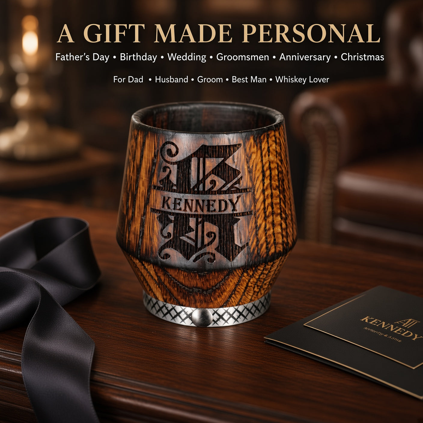 Personalized oak whiskey glass gift for dad, husband, groomsmen and whiskey lovers