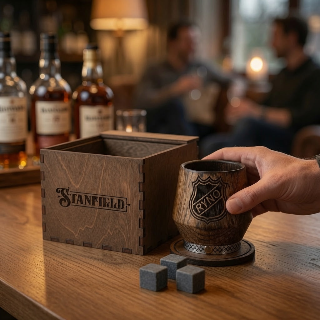 Personalized oak whiskey gift set in a warm home bar with a hand reaching for the tumbler