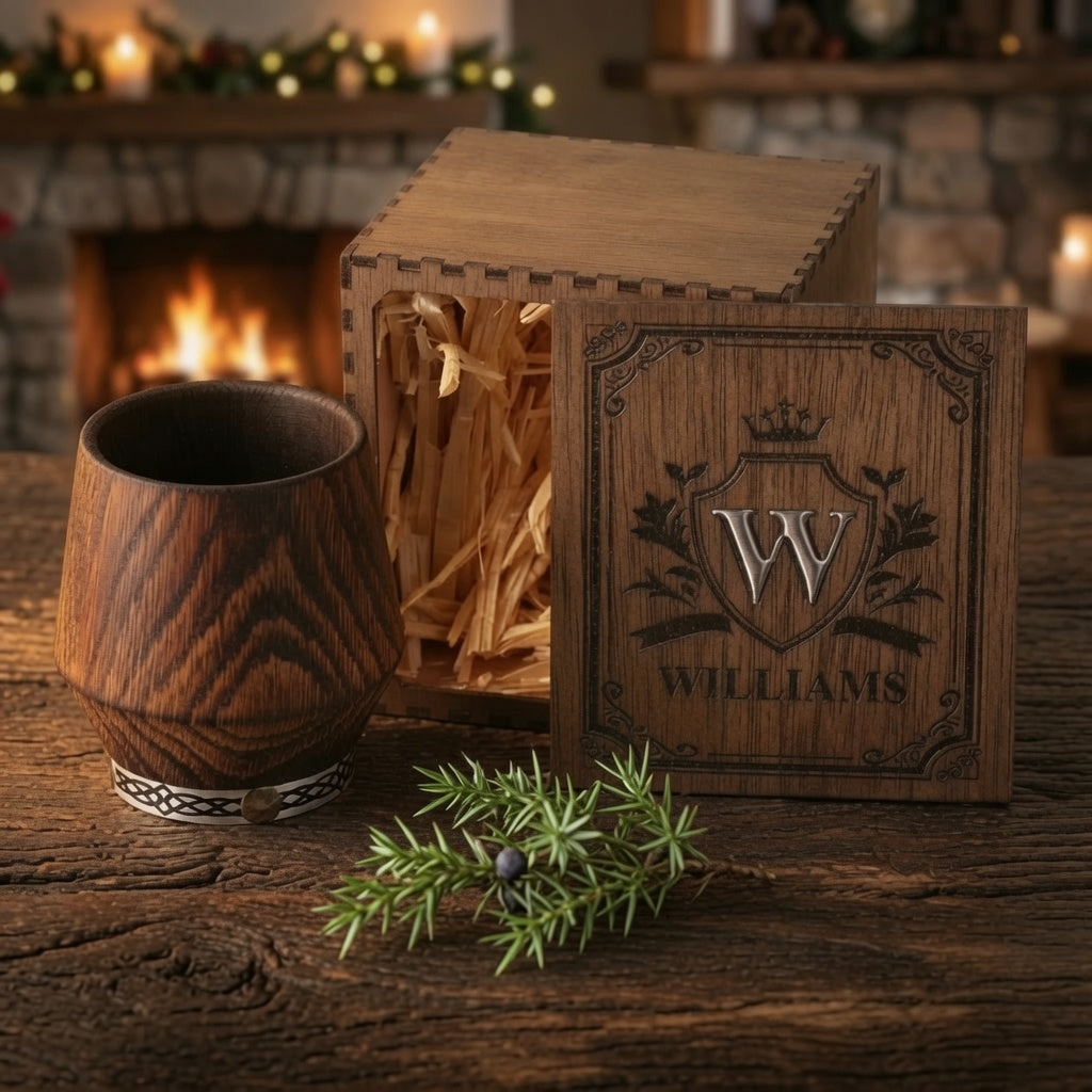 Personalized charred oak whiskey glass and wooden gift box styled with greenery in a warm rustic bar setting.