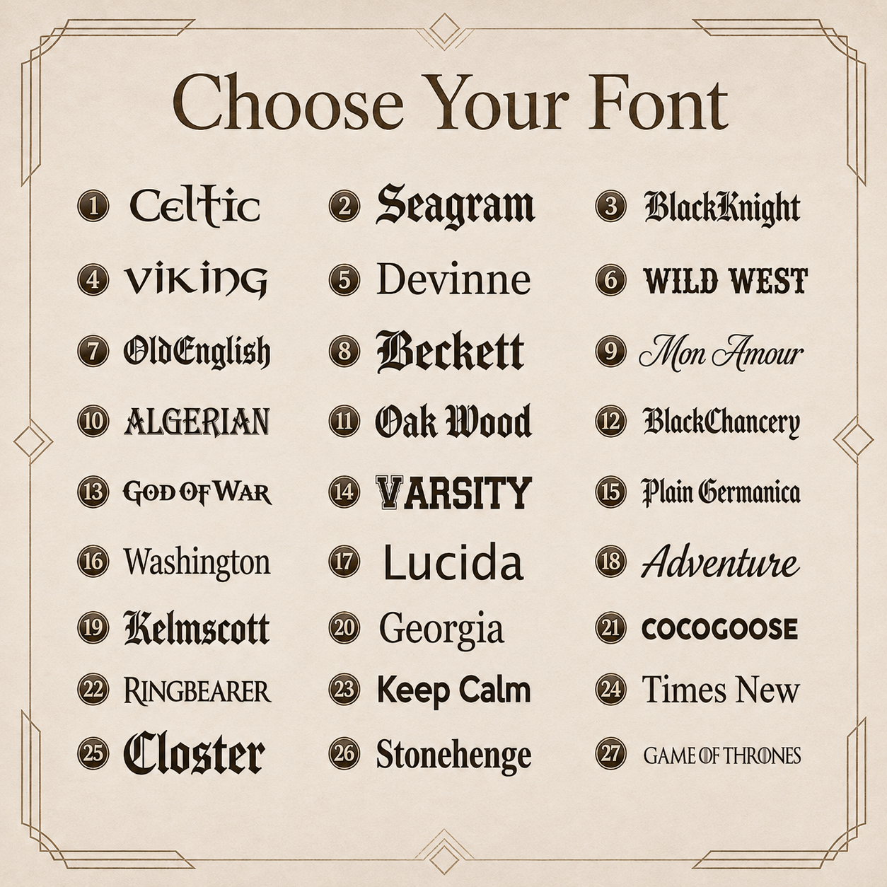 Font options for custom engraving on personalized oak whiskey glasses