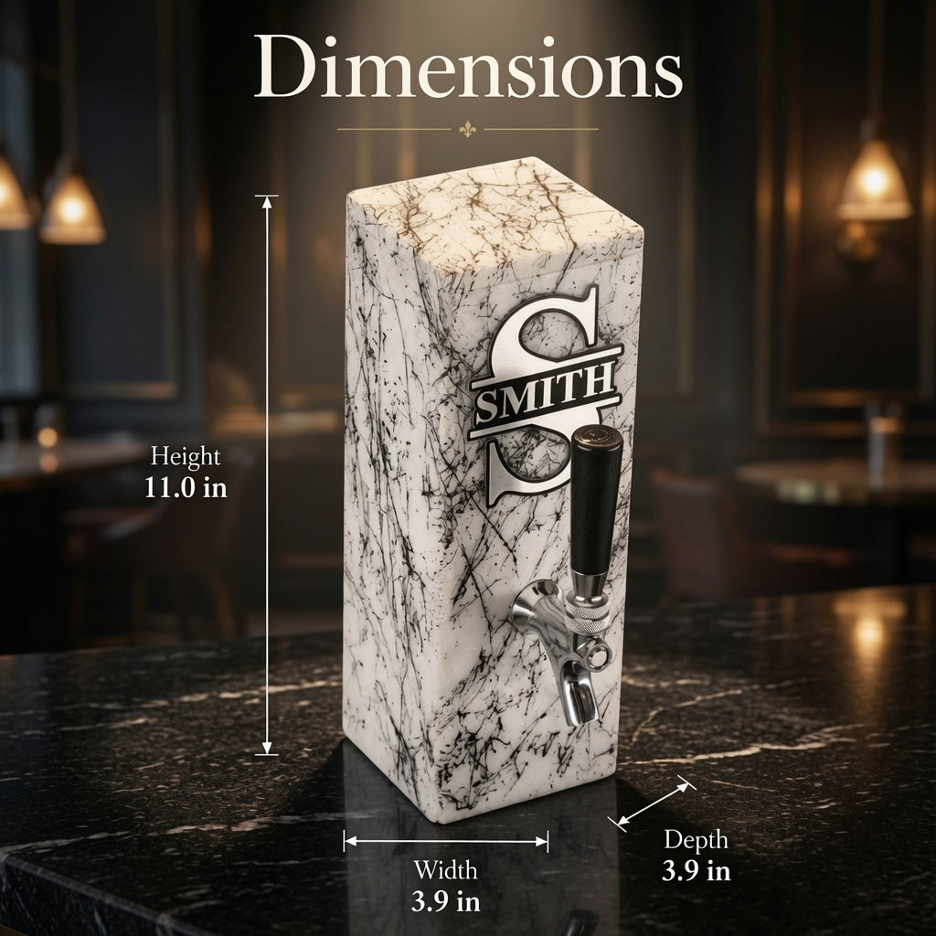 Dimensions of personalized white marble whiskey dispenser showing height 11.0 inches, width 3.9 inches, and depth 3.9 inches.