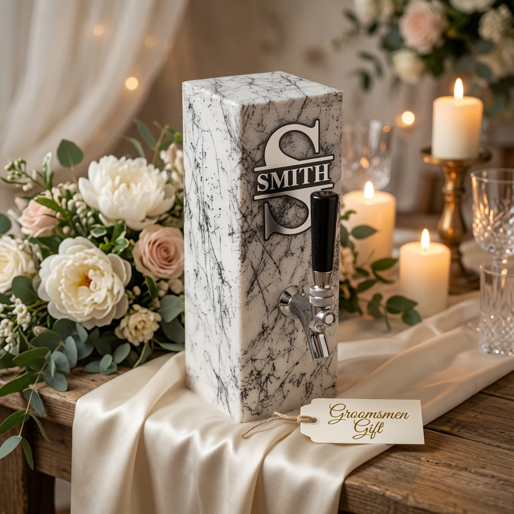 Personalized white marble whiskey dispenser styled with flowers and candles as a wedding barware gift or custom groomsmen gift.