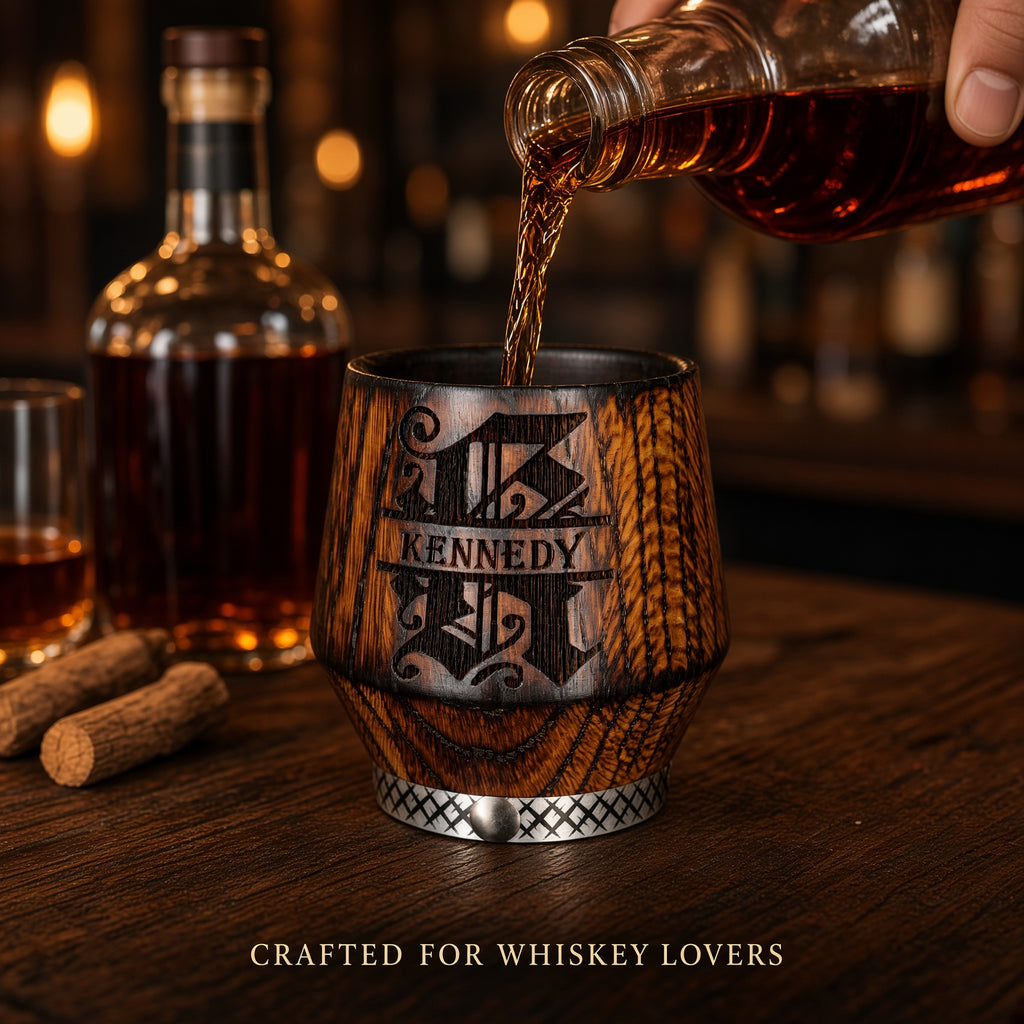 Personalized wooden bourbon tumbler with whiskey in a warm bar setting