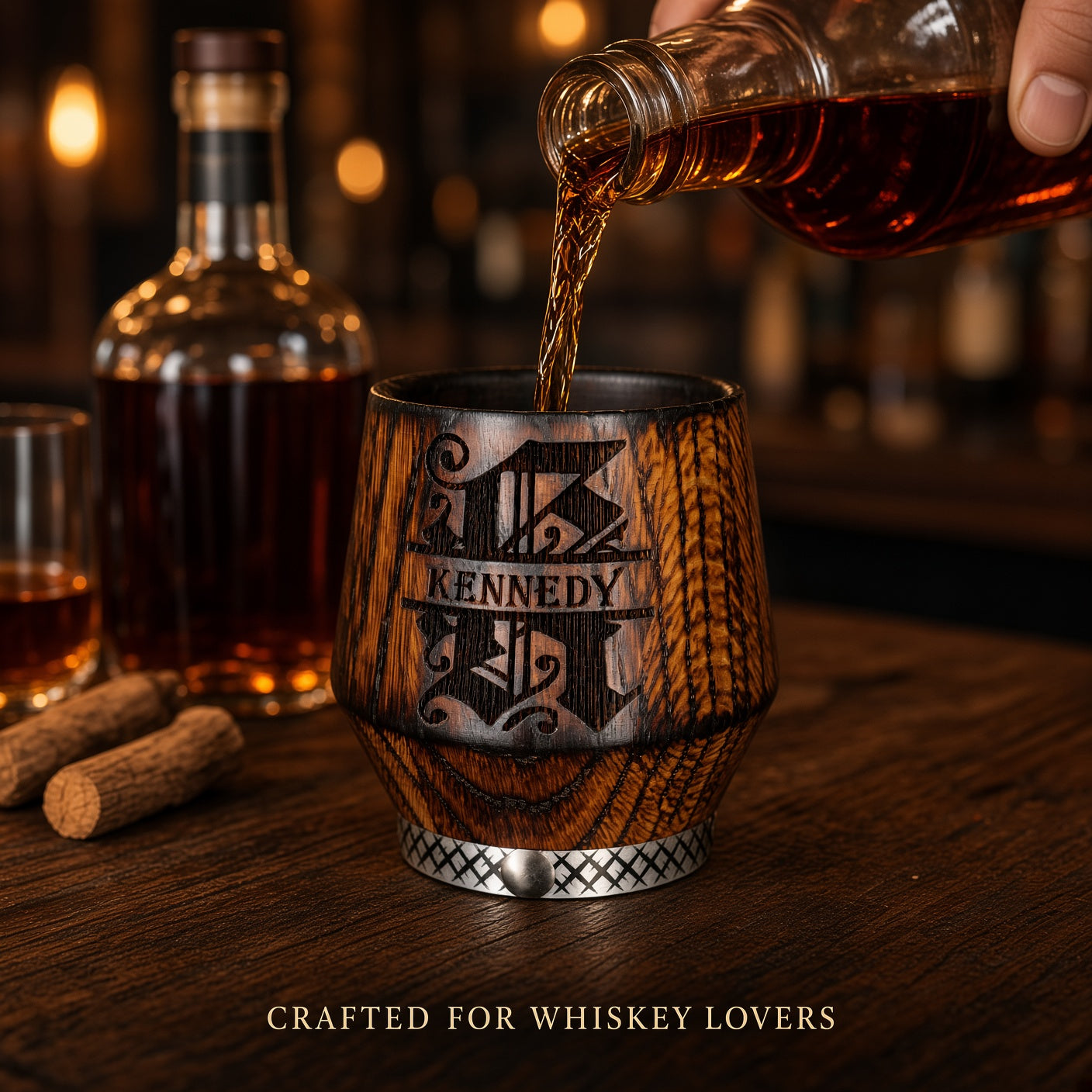 Personalized wooden bourbon tumbler with whiskey in a warm bar setting