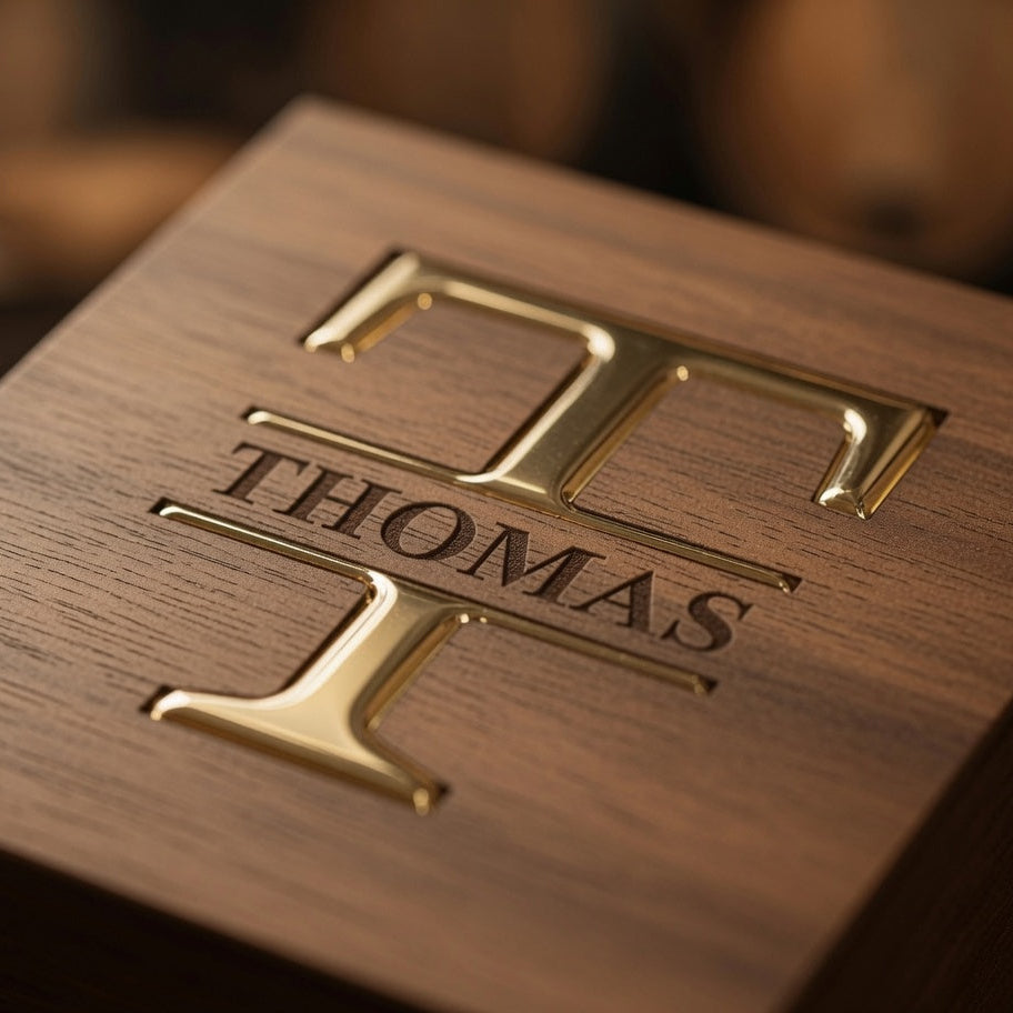 Close-up of a personalized wooden gift box lid with a gold monogram and 
epoxy resin inlay effect.