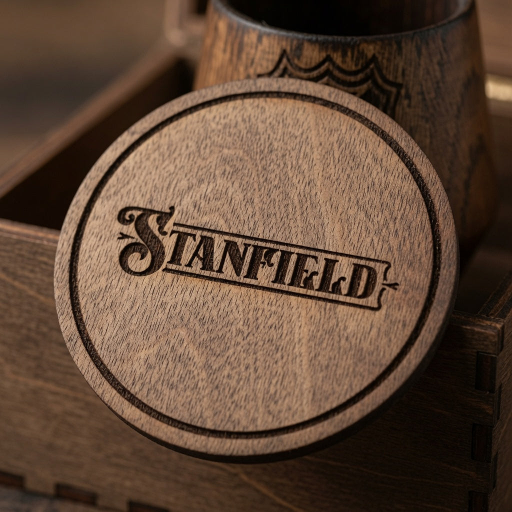 Round wooden whiskey coaster personalized with laser-engraved family name
