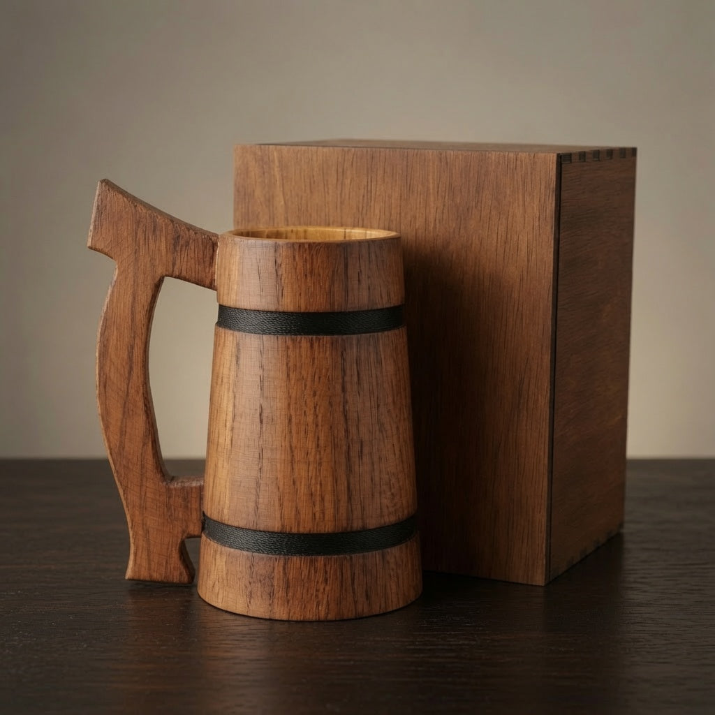 Plain oak beer mug without engraving displayed beside a closed wooden gift box.