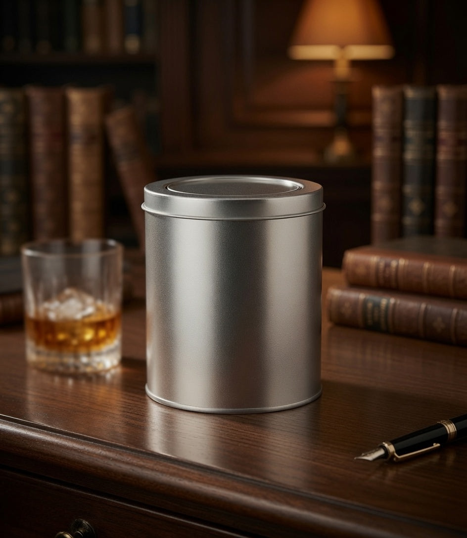 Plain silver metal gift box without engraving displayed on a wooden bar surface